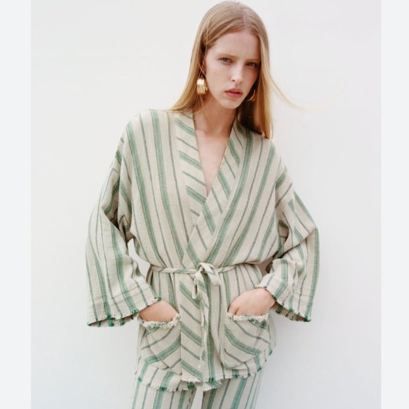Zara Woman Cotton The Beth Rustic Kimono Jacket Striped Pockets Tie Belt Size S - Picture 1 of 16